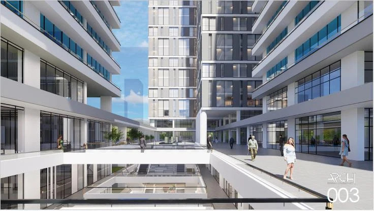 Architectural visualization of an interior atrium